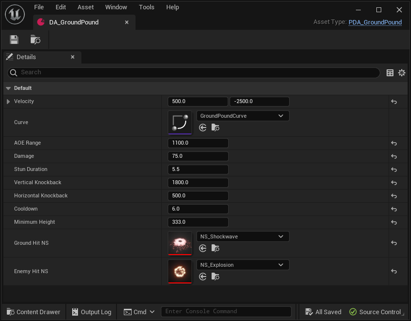 DA_GroundPound data asset: velocity, curve, AOE range, damage, stun, knockback, cooldown, minimum height and Niagara effects