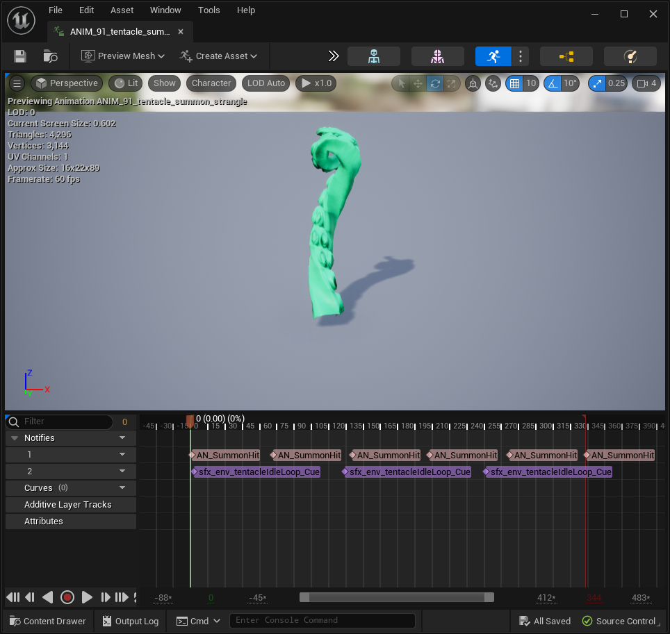 Tentacle strangle animation with AN_SummonHit notifies and sound cues on the timeline