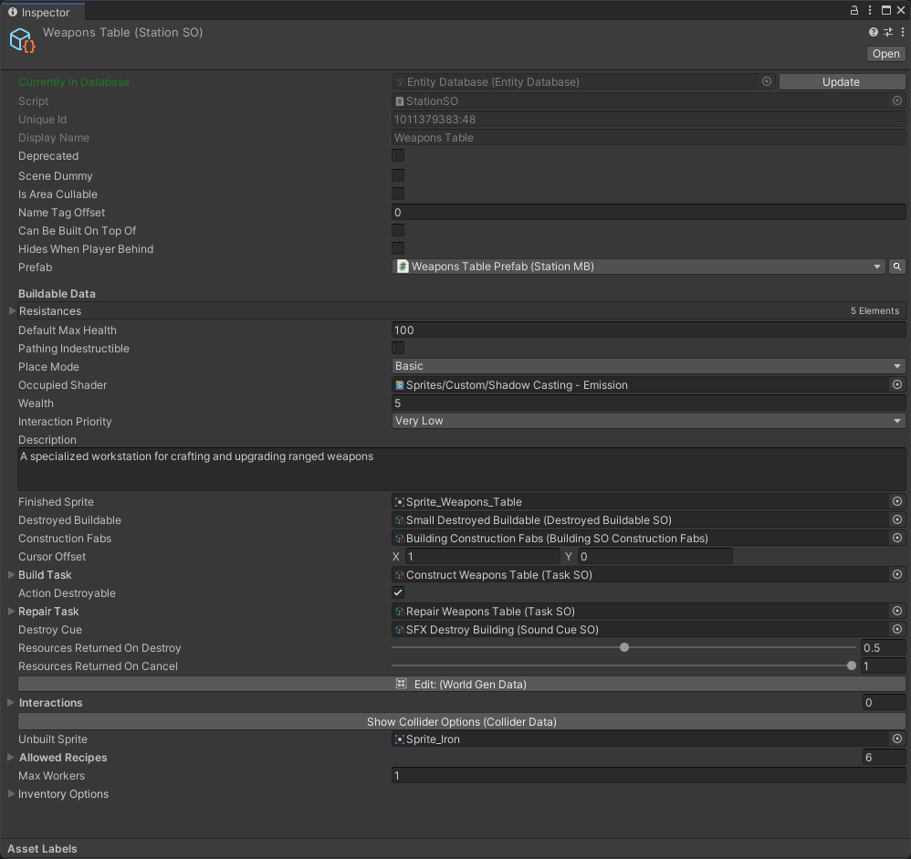Weapons Table station Scriptable Object in the Unity Inspector